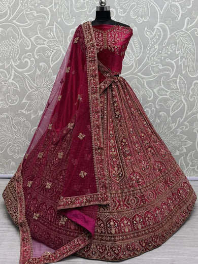 Precious Pink Dori Work Velvet Bridal Lehenga Choli With Double Dupatta - Ethnic Plus In